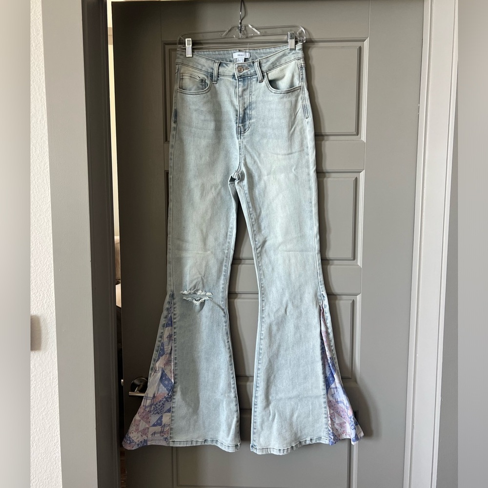 Light Wash Flare Jeans with Patterned Inserts - Women